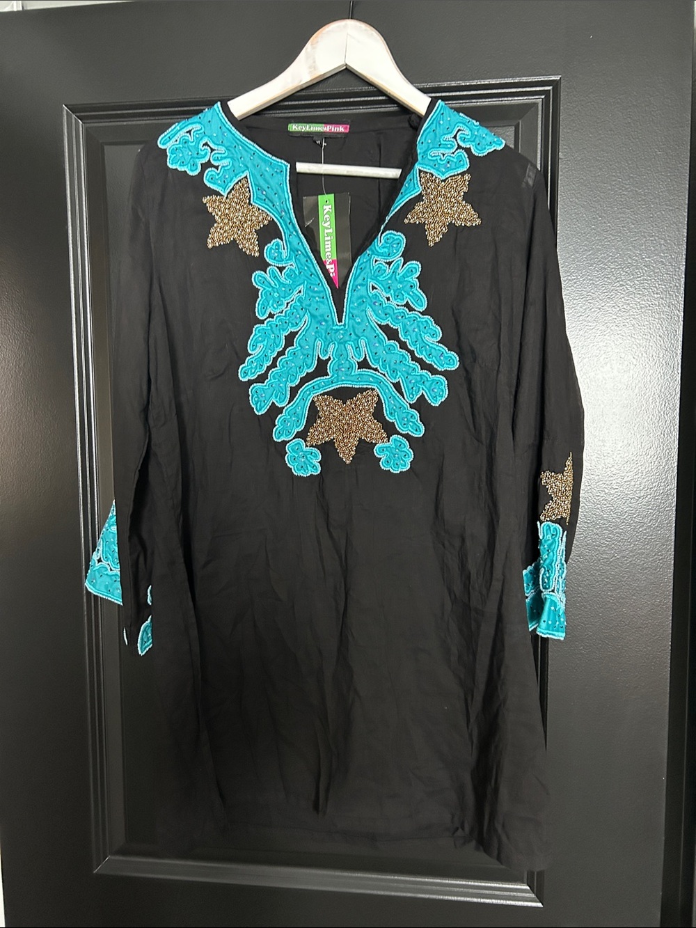Keylime & Pink sheer Black Tunic with Turquoise Embroidered Yoke xL NWT